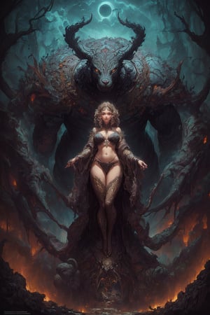 (masterpiece,extremly intricate details),1girl in bikini standing infront of giant monster,Darkness falls across the land the midnight hour is close at hand creatures crawl in search of blood horror best quality highres highly detailed intricate,(style of Karol Bak,style of Emily Balivet,style of John Blanche:1.4),illustration,oil painting,cinematic 