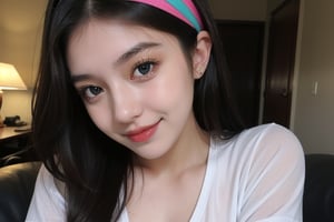 brunette female twitchstreamer, 1girl, indonesian, cleavage, colorful lighting, sexy, long hair, tits , blonde hair,embarrassed, detailed beautiful face, sole_female, cinematic light, smile, see-through t-shirt, hairband, no bra,