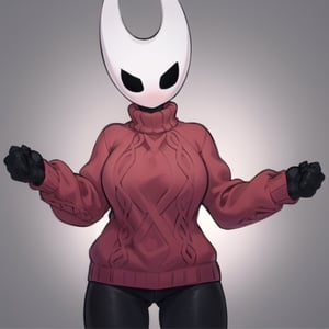 1girl, hornet, solo, mask, black eyes, red sweater, turtleneck, cowboy shot, (black skin:1.2), simple background twitch emote, cartoon, white clean background, (angry:1.2), twitch emoji,twitch emoji