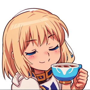 phSaber,white background, blond_hair,Drinking cup of tea, cup_tea,  Close-up, emote twitch, blueeyes, closed_eyes