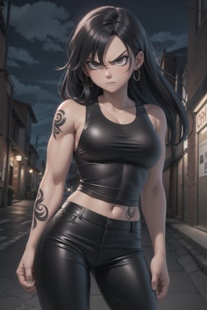 Night time, Very muscular girl, black hair, sleeveless tank top, leather pants, angry expression, tattooed, city alley