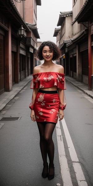 realistic, RAW photo, dslr, film grain, Fujifilm XT3, night shot, 1girl, goddess women,  (curly hair, long hair), (thigh,off shoulder:1.2), ([:see-through:4]:1.4) (red floral print hanfu:1.1), pencil skirt, black pantyhose, (deserted street:1.3), Backlit, Bokeh, Contrast Filters, (smile:0.8), looking at viewer, (china jiangnan water town style:1.1), water, wet, , 