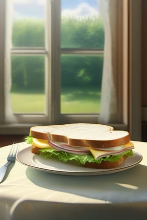 ((realistic)) a sandwich on a plate, a table in front of a window in summer