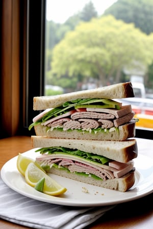 ((realistic)) a sandwich on a plate, a table in front of a window in summer