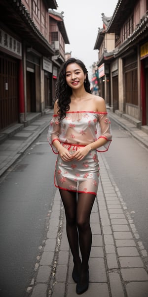 realistic, RAW photo, dslr, film grain, Fujifilm XT3, night shot, 1girl, goddess women,  (curly hair, long hair), (thigh,off shoulder:1.2), ([:see-through:4]:1.4) (red floral print hanfu:1.1), pencil skirt, black pantyhose, (deserted street:1.3), Backlit, Bokeh, Contrast Filters, (smile:0.8), looking at viewer, (china jiangnan water town style:1.1), water, wet, , 