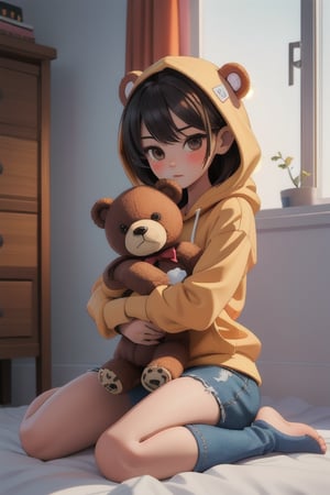(masterpiece, best quality), 1girl, hugging teddy bear, wariza, in room, sunlight, stuffed toy, hoodie
