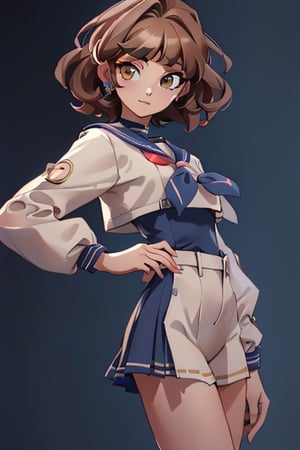 (masterpiece:1.5), (best quality:1.5), 3dmm,highres, highly detailed,3DG,1 woman,looking at viewer, 3DMM,sexy body,brown hair,short hair,wearing blue sailor suit,((beautifull background:1.6)),3DMM,no humans