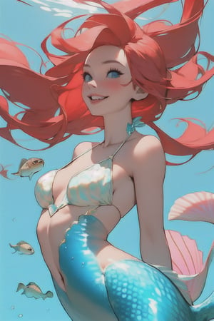 1girl, solo, long hair, breasts, smile, blue eyes, bare shoulders, red hair, small breasts, parted lips, teeth, floating hair, monster girl, bubble, underwater, air bubble, mermaid, shell, shell bikini,stylemidjurney,1 gril,1 girl