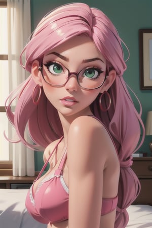 1girl, (masterpice), best quality, high quality, high detailed, perfect body,perfect_face, high_detailed_face, realism face, good body, big_ass, small_breasts, green_eyes, breasts, glasses, hair ornament, purple_eyeshadow, pink_hair, makeup ,long_hair, lipstick ,blush ,braided_hair, female, light-skinned_female ,light_skin ,sakimichan style ,skin_contrast,bra, clothing, female, kittew style, legwear, pale_skin, ring_fit_adventure, solo, solo_female, swimwear, thick_thighs, underwear, on bedroom.