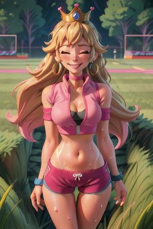 (sabucartoon:1.3), best quality, masterpiece, detailed background, highly detailed, intricate, detailed face, long eyelashes, detailed eyes, (standing:1.1), (thick thighs:1.0), (large breasts:1.1), (grassy fields:1.3), (one girl:1.2), (1girl:1.1), (solo:1.4), (princess peach:1.1), (light blue eyes:1.2), (blonde hair:1.1), (long hair, messy hair:1.2), (thick lips:1.3), (crown, blue earrings:1.2), (pink choker:1.1), (pale skin:1.0), (pink crop top, pink sport shorts:1.3), (thigh gap:1.4), (stomach, navel), (cleavage:1.3), (sweat:1.2) (groin:1.3), (light smile, blush, nose blush:1.1), (half-closed eyes:1.2)