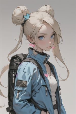 1girl, solo, long hair, looking at viewer, bangs, blue eyes, blonde hair, simple background, hair ornament, twintails, jewelry, closed mouth, jacket, upper body, heart, earrings, bag, hair bun, parted bangs, double bun, backpack,stylemidjurney