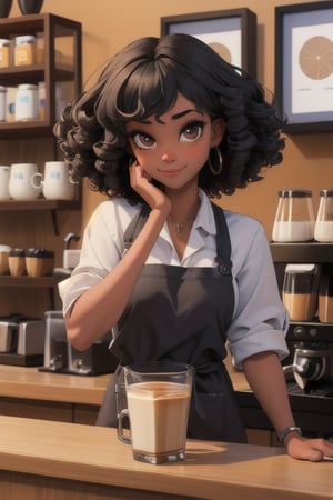 (masterpiece, best quality), black girl, curly hair, barista