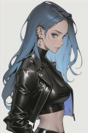 1girl, solo, breasts, looking at viewer, blue eyes, simple background, white background, jewelry, medium breasts, closed mouth, blue hair, jacket, upper body, earrings, open clothes, midriff, from side, open jacket, lips, black jacket, crop top, makeup, piercing, ear piercing, leather, leather jacket,stylemidjurney