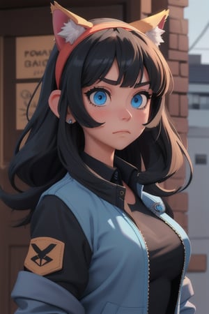 (best quality, masterpiece), absurdres, animal ear headwear, bangs, black hairband, black shirt, blue eyes, bow, breasts, buttons, closed mouth, collared jacket
