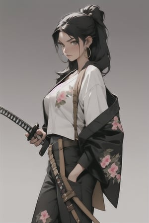 1girl, solo, looking at viewer, simple background, shirt, black hair, holding, jewelry, closed mouth, jacket, white shirt, weapon, cowboy shot, earrings, japanese clothes, pants, sword, holding weapon, holding sword, floral print, katana, black background, sheath, hand in pocket, sheathed, hoop earrings, scabbard, print shirt,stylemidjurney,1 gril,1 girl