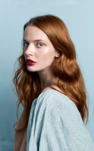 in a medium, eye-level shot, a fair-skinned woman with long, wavy red hair is captured against a light blue backdrop. she's adorned with a light blue scarf draped over her shoulders, adding a touch of elegance to her look. her gaze is directed towards the upper right corner of the frame, while her mouth is slightly ajar, revealing a hint of her lower lip. her eyes, a striking blue, are accentuated by a light brown hue on her cheeks and a darker brown on her lips. her hair, a vibrant shade of red, is styled in loose waves that cascade down her shoulders.