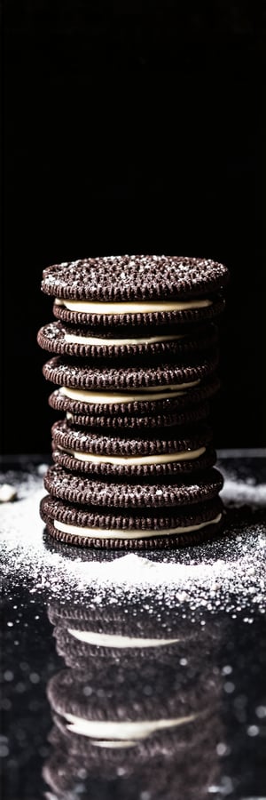 The image showcases a stack of chocolate sandwich cookies, commonly known as Oreos. The cookies are arranged in a vertical column, with each layer consisting of a dark chocolate cookie and a creamy white filling. The cookies have a textured surface with a series of ridges, which is characteristic of the Oreo design. The filling appears to be smooth and creamy, with a light dusting of cocoa or powdered sugar on top, adding a touch of contrast to the dark chocolate. The stack is set against a dark, possibly black, background which accentuates the rich colors of the cookies. The lighting is soft and focused on the cookies, creating a moody and appetizing atmosphere. The reflection on the surface beneath the stack suggests a glossy or polished surface, possibly a countertop or a marble slab.