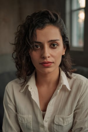 analog style portrait of (woman), (emotion), looking at the camera, f1.4 lens, dramatic composition, cinematic lighting, (secondary emotion), (third emotion), (extra details),(upper body:1.7)