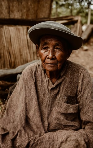 This image captures an elderly individual seated outdoors, surrounded by a rustic setting. The person is dressed in worn clothing, suggesting a life of labor or perhaps a simple lifestyle. The attire consists of a layered, textured garment that appears to be made of coarse fabric, possibly wool or a similar material. The clothing is in shades of brown and gray, with visible signs of wear and tear, such as fraying and dirt stains. The individual is wearing a hat that matches the color and texture of the clothing, which could be a traditional or functional piece of attire suited to the environment.