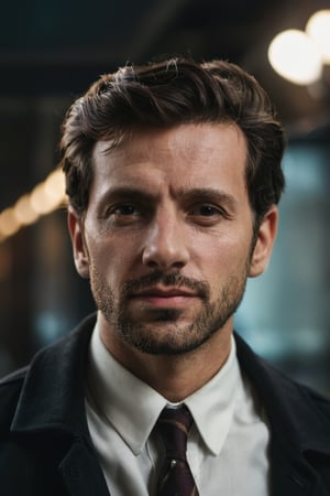 analog style portrait of (man), (emotion), looking at the camera, f1.4 lens, dramatic composition, cinematic lighting, (secondary emotion), (third emotion), (extra details),(upper body:1.7)