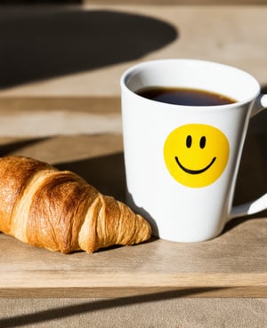 Create an image of a cheerful coffee mug with a smiley face print, placed on a rustic wooden table. Beside it, a freshly baked croissant with a golden-brown crust is perfectly arranged. The scene is illuminated by soft morning sunlight, casting a warm glow over the table. The composition focuses on the mug and croissant, with a slight depth of field to emphasize the cozy breakfast setting.