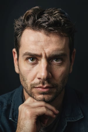 analog style portrait of (man), (emotion), looking at the camera, f1.4 lens, dramatic composition, cinematic lighting, (secondary emotion), (third emotion), (extra details),(upper body:1.7)