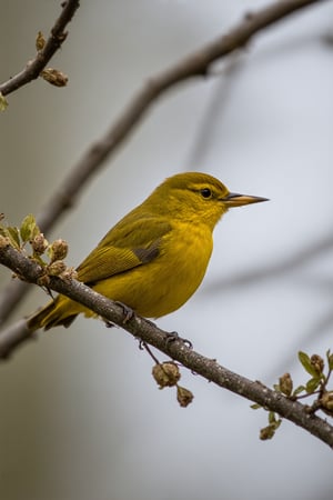 This image captures a moment of natural beauty, featuring a vibrant yellow bird perched on a slender branch. The bird's plumage is a radiant shade of yellow, with hints of gray on its wings and back. Its beak is sharp and pointed, suggesting it might be a species that feeds on insects or small fruits. The bird's eye is alert and focused, possibly scanning the surroundings for potential threats or food sources.

The branch it's perched on is delicate and thin, with a few budding leaves or flowers emerging, indicating that it might be early spring or late winter. The branch is adorned with small droplets of water, which glisten in the soft light, adding to the serene ambiance of the scene.

The background is blurred, creating a bokeh effect that emphasizes the bird and the branch. The warm, golden hues of the light suggest either dawn or dusk, a time when the sun casts a soft, diffused light that enhances the colors and textures in the scene. The overall mood conveyed by the image is one of tranquility and natural elegance.