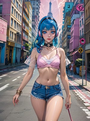 Fantasy art, fantasy, beautiful 18 year old caucasian girl, small breasts, big ass, wearing kitten choker, headphones, slim waist, round blue eyes, hair in braids, multicolored hair, back view, bimbo, wearing short pink shorts, white silk crop top underboob, red sneakers, walking in the streets of cyberpunk city, full shot, psychedelic colors, morning, sunny, optacal flares, school, Eiffel Tower, paris, Emo, cinematic lighting,Moena