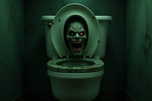 A macabre portrait: In a dimly lit, eerie green-tinged chamber, a porcelain toilet bowl looms large in a haunting close-up. A disembodied head emerges from the bowl's opening, its twisted visage contorted into a wicked scowl. Glowing eyes and a menacing snarl seem to sear themselves into the darkness, while shadows writhe across the walls like dark tentacles.