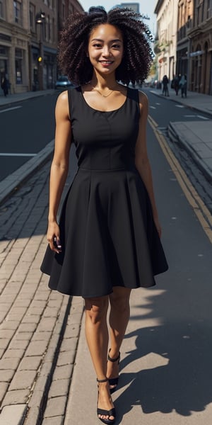  A woman with curly hair is wearing a sleeveless black dress and standing on a sidewalk.,realistic hands,more detail ,Illustration