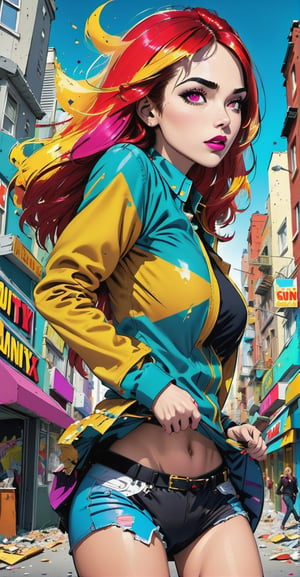Pop Art Explosion: Comic-style giantess, buildings bursting into colorful fragments as she walks through the city, an explosive mix of pop culture and destruction.
