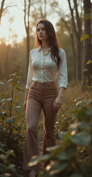 Vibrant Ukraine: A ravishing beauty strides confidently through a forgotten Soviet-era park, her fitted silk blouse accentuating her curves as she walks amidst overgrown flora. Soft sunset hues cast a warm glow, captured in a medium shot that highlights her natural elegance. The camera's subtle framing and Blackmagic Pocket Cinema Camera 6K G2's exceptional resolution perfectly encapsulate her essence.