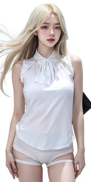  The image features a young woman with long blonde hair, wearing a white, sleeveless top. She is standing against a white background, and appears to be in motion, with her hair and clothing blowing in the wind.