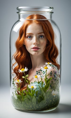 Stunning floral redhead, photo, 8K,translucent,in a jar