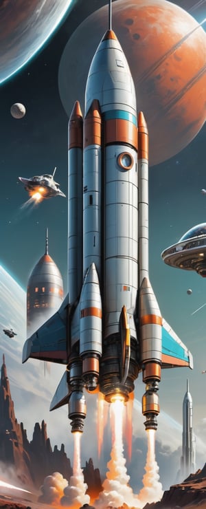 Retro Futuristic Space Travel: Nostalgic sci-fi, rocket ships, interstellar exploration, cosmic adventure.,mecha