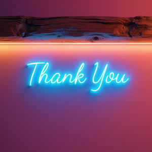 A warm and inviting scene: A weathered vintage wooden beam, golden light illuminating its worn texture, frames a sleek LED neon sign 'Thank You' in bright blue with gradient effects adding depth. Soft pink background provides subtle contrast, thin white border adds visual balance against rustic wood and vibrant neon glow.