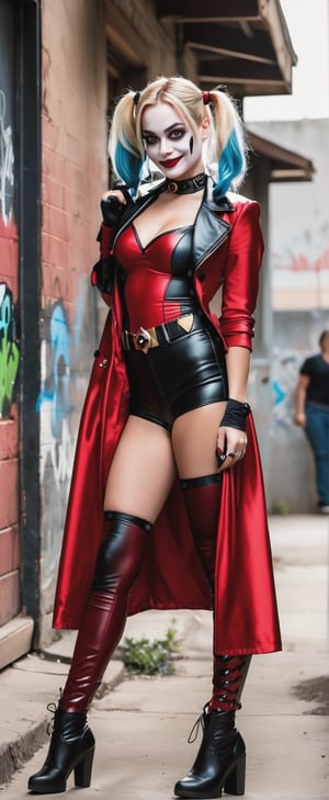 a woman in a red and black outfit posing for a picture, a photo, by Galen Dara, trending on cg society, graffiti, margot robbie as harley quinn, full-cosplay, stained”
,Vampirella