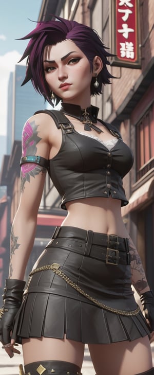 a woman in a short skirt posing for a picture, inspired by Leng Mei, trending on cg society, conceptual art, tifa, 8 k octane detailed render, wearing a punk outfit, style game square enix life, iray, faye valentine, 2020 video game screenshot, soldier outfit, urban fantasy, 8k octae render photo, yennefer
,arcane