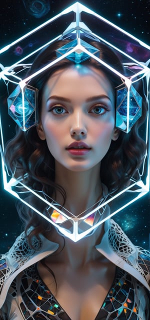"Enter the surreal with a breathtaking depiction of a stunning woman immersed in a hypercube, merging two gravity worlds through a unique lens – an AI masterpiece!"

