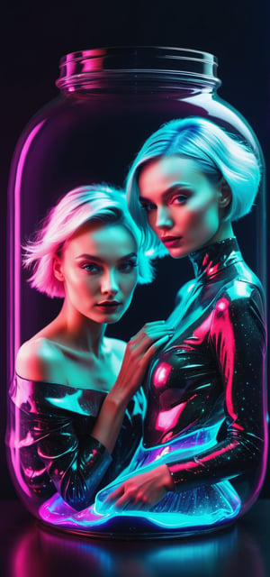 In the style of "Digital Surrealism": A digitally surrealistic artwork featuring Polina Gagarina and Andrei Makarevich, blending reality with fantastical elements.
,in a jar,neon style,beautymix,photo r3al