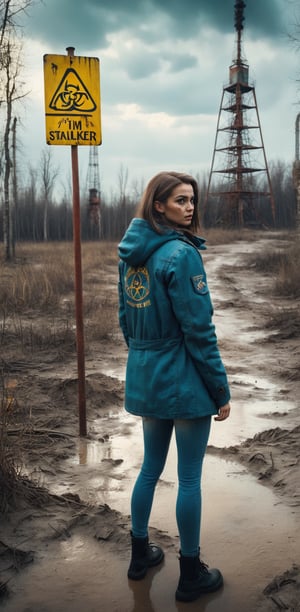 The sign text "I'M Stalker" / A very beautiful,instagram model, stalker girl in the Chernobyl exclusion zone, ultra realistic,extreme cinematic shot,master bottom view post, punk & post soviet styles, award winning photo, 8K, HD wallpapers,realistic lighting,shadow & details, mega quality,surreal world
, ,More Detail,Text,more saturation ,DonM5h4d0w5XL,text as ""