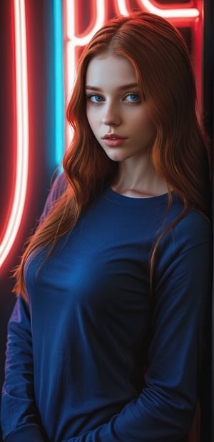 a girl holds with big an inscription, clear large distinguishable words,ultra realistic HD portrait, on the sign it says  "lisa"  / Hyperrealistic sexy Girl Portrait,full body,red long hair,ultra detail blue eyes,face,perfect body**: An extremely high-resolution hyperrealistic portrait of a girl, pushing the boundaries of realism with fine textures and lifelike details.
,neon photography style