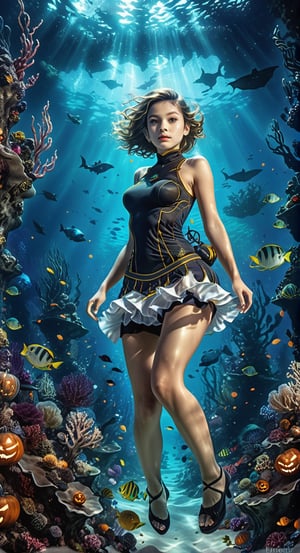 Underwater Enchantment:
[Art AI Halloween 2023 Creativity style] Dive into the depths as a majestic giantess, adorned in a shimmering miniskirt, explores an otherworldly underwater realm. [Random camera view, ultra resolution, capturing intricate marine details, interplay of shadows and bioluminescent light.]