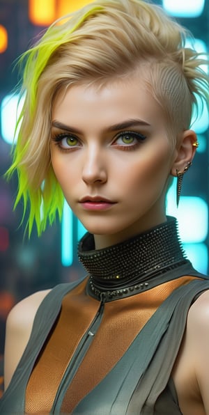 blonde hair of a beautiful punk woman, hot planet eyes, fashionable outfit, 3d body art in the style of bronze, portrait, detailed, 4k,HDR, cinematic lighting,
 abstract 5d hypercube on a realistic background, landscape from the movie "Blade Runner 2049"
,Niji Slime