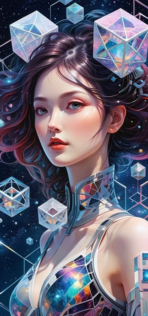 "Enter the surreal with a breathtaking depiction of a stunning woman immersed in a hypercube, merging two gravity worlds through a unique lens – an AI masterpiece!"
