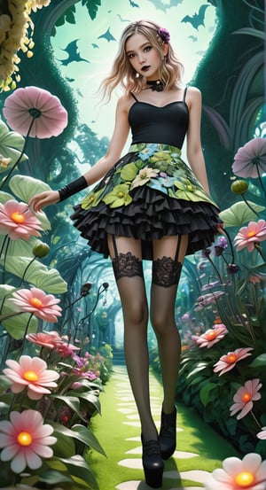 *Enchanted Garden Soiree:**
   [Art AI Halloween 2023 Creativity style] Picture a giantess in a floral miniskirt, gracefully walking through a garden filled with oversized flowers and whimsical vegetation. [Random camera view, ultra resolution, capturing intricate floral details, play of shadows and natural sunlight.]
,DonMF43XL,Niji Slime