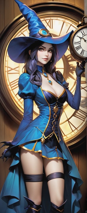 a woman in a cosplay costume standing in front of a clock, poster art, by Kaja Foglio, deviantart contest winner, nocturne from league of legends, [ tarot card ]!!!!!, psycho magick fuck it insane, blue witch hat, leblanc, olivia culpo as milady de winter, 2 d cg, skin : tjalf sparnaay
,Niji Slime