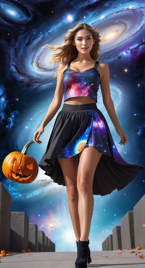 Celestial Symphony:
[Art AI Halloween 2023 Creativity style] Picture a colossal goddess in a cosmic miniskirt, walking amidst celestial wonders and galaxies. [Random camera view, ultra resolution, cosmic details, interplay of shadows and celestial light.]