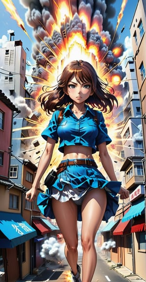 Manga Explosion: Dynamic manga-style portrayal of a giantess, with buildings exploding in action lines as she walks through a city caught in a climactic moment.
,DonMDj1nnM4g1cXL 