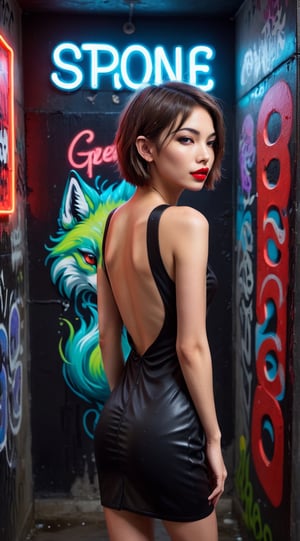 A photo of a woman in a public bathroom captures the allure of a tall, skinny figure with short hair, wearing a sexy black dress with an open back, standing in front of graffiti-covered walls; the dimly lit space accentuates the wet hair glistening under a neon sign, while her red lips add a touch of intrigue , extremely rear view cute ass,Leonardo Style,Monster,Spirit Fox Pendant